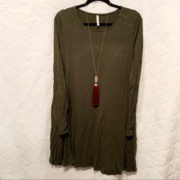 mittoshop Dresses & Skirts - Long Sleeve Olive Green Piko Dress with Pockets